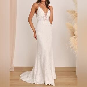 Lulus Enchanting Eternity Ivory Pearl Lace-Up Backless Maxi Dress Women’s Sz 2